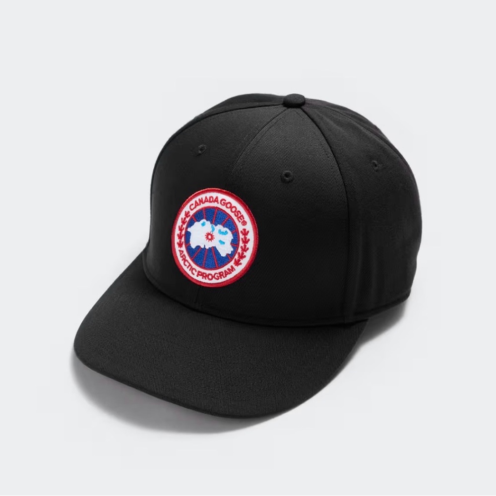 Authentic Canada Goose Black Cap with Red & Blue Logo Patch